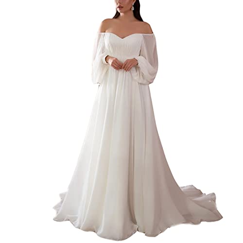 yhfshop Dentelle Robe de Soirée Longue Femme,Tempérament Sexy Robe De Mariée À Manches Longues en Mousseline De Soie,Off White,US10,Robes de Soirée Femme Grande Taille