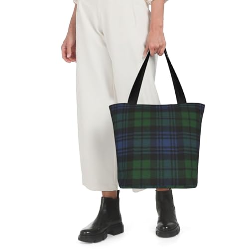 Black Watch Ancient Original Scottish Tartan Reusable Zippered Shoulder Bag, Stylish Polyester Tote With Wide Handle & Inner Pocket, Lightweight Durable Shopping & Travel Bag4