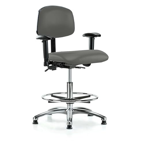 Image of Perch Chrome Stationary Multi-Task Office Chair with Adjustable Armrests and Foot Ring | Medium Bench Height 20-27 inch | Charcoal Vinyl