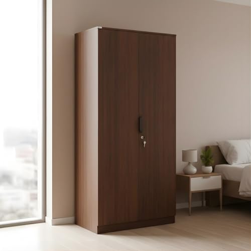 Image of Nilkamal Milford 2 Door Wooden Wardrobe for Bedroom | Almirah with 3 Shelves, 1 Hanging Rod & 1 Drawer | Clothes Cupboard | Engineered Wood | Classic Walnut
