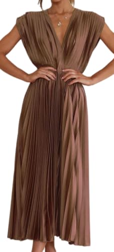 kiobrvhe Elegant Satin V Neck Pleated Midi Dress High Waisted Flowy Long Summer Sleeveless Dresses for Women, Brown, S