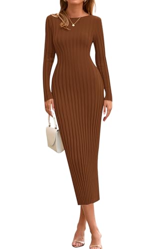 PRETTYGARDEN Womens Sweater Dress Fall 2025 Casual Boat Neck Long Sleeve Pullover Ribbed Knit Bodycon Maxi Sweater Dresses