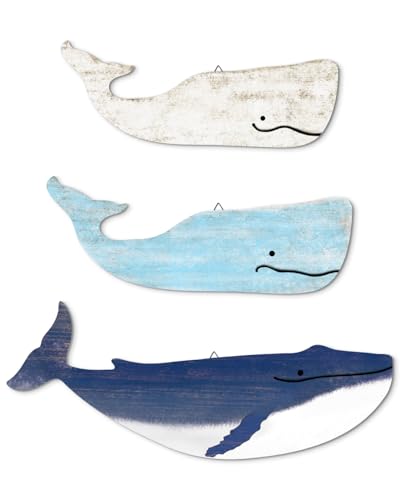 Image of Putuo Decor Blue And White Whale Beach Wall Decor Wooden Nautical Decor Rustic Whale Wall Pediments Set 3 Piece Ocean Hanging Decor For Living Room Bedroom Bathroom