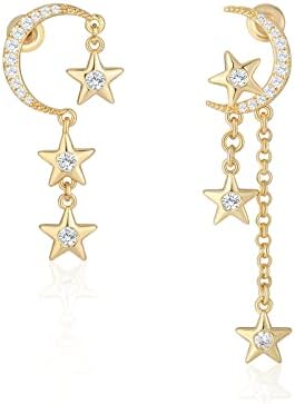 MESOVOR Moon Star Dangle Earrings, 16K Gold Plated Drop Tassel | Sparkling Zirconia Asymmetrical Earrings for Women Girls (Gold)