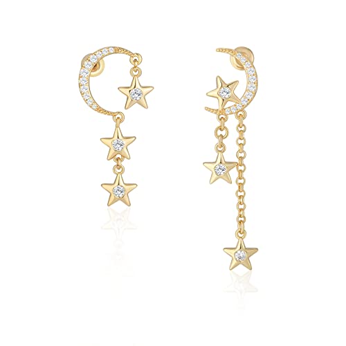 Mesovor Moon Star Dangle Earrings, 16K Gold Plated Drop Tassel | Sparkling Zirconia Asymmetrical Earrings For Women Girls (Gold) #TOP1