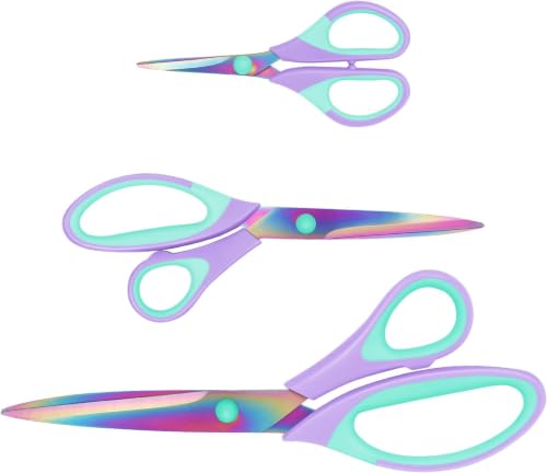 Tijeras afiladas con revestimiento de titanio, mango de agarre suave, juego de 3 multiusos Uaugulft adecuadas para uso familiar, oficina y escuela, color morado y verde