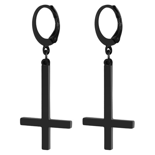 JewelryWe Pendientes Cruz Invertida Unisex: Aretes Aro Colgantes de Acero Inoxidable Plata para Hombre y Mujer Gótico Joyas Religiosas Hipoalergénico - Para Uso Diario Fiesta Negocios Regalo