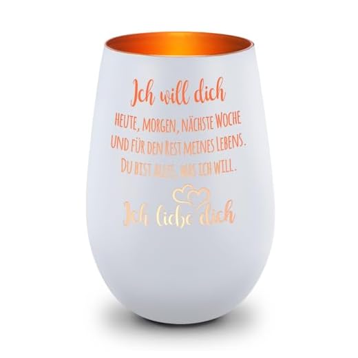 GRAVURZEILE Deko Windlicht aus Glas mit Gravur - Ich Will Dich Heute, Morgen - Geschenke für Frauen - Teelichhalter als Tischdeko - Geschenkidee zum Valentinstag Geburtstag - Weiß/Bronze