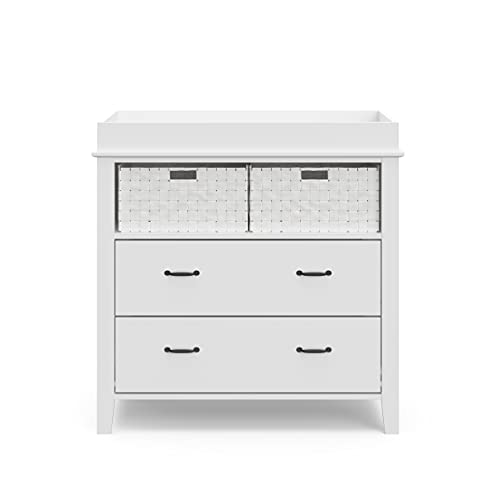 Storkcraft Forrest 2 Drawer Changing Table Chest With Baskets, Attached Changing Topper Fits Standard Size Changing Pad, 2 Drawers And 2 Open Shelves, White #TOP1