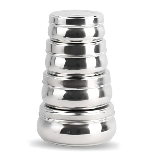 Image of Set of 4 Stainless Steel Puri Dabba with Lids Food Storage Containers for Roti, Chapati, Dry Fruits, Snacks & Kitchen Storage Lunch Box Stackable Steel Canisters 250ml, 350ml, 500ml & 700ml