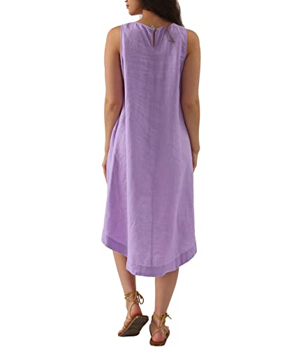 Image of Amazhiyu Women's 100% Linen High Low Midi Dress with Pocket | Summer Casual Flowy Dresses, Sleeveless Crewneck Dresses, Solid Color