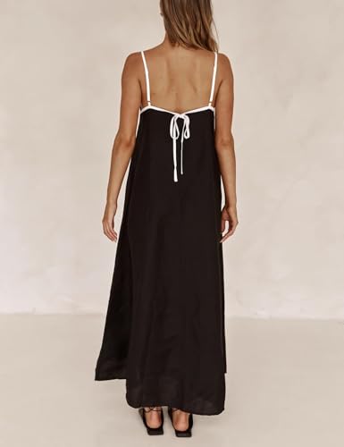 Image of Womens Summer Linen Maxi Dress Contrast Trim Spaghetti Straps Backless Sleeveless Long Flowy Dresses