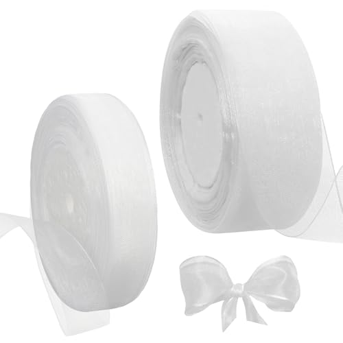2 Rollos Cinta De Organza Blanca 45m, 2cm/4cm Transparente Cinta de Satén de Organza para Boda Cumpleaños Fiestas DIY Embalaje