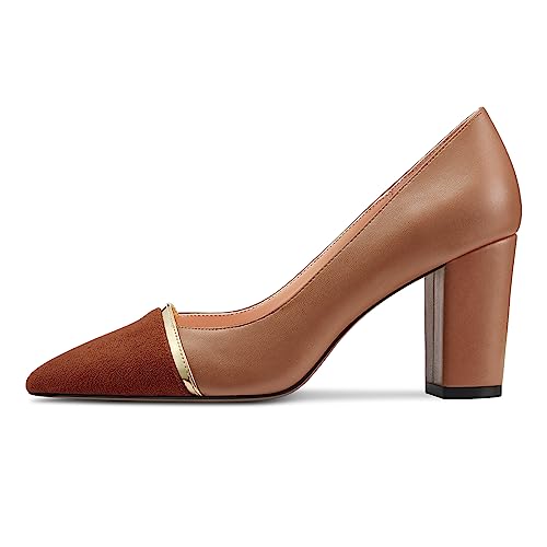 DearOnly Womens Mid Chunky Block Heel Pointed Cap Toe Pumps Slip-on Patchwork Wedding Dress 3.2 Inches Heels2