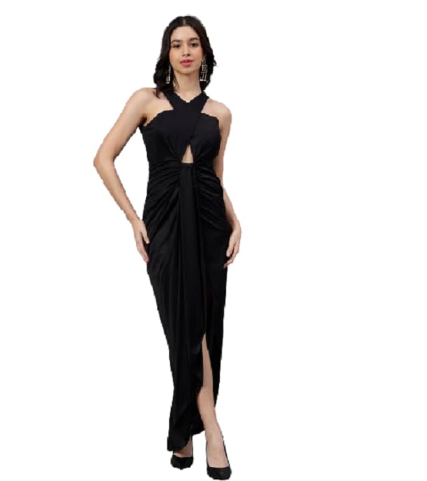 Image of Women's Elegant Draped Halter Neck Gown - Stylish Front Knot Cut-Out Evening Dress with High Slit - Outfit for Parties, Weddings & Special Occasions