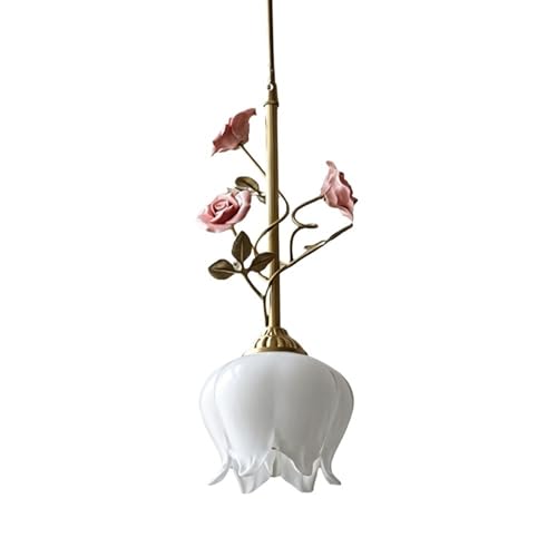 HUAYUSEDF Lámpara colgante de rosa latón moderna, accesorio flor cerámica con pantalla cristal for dormitorio, comedor, iluminación estudio, lámpara cable ajustable