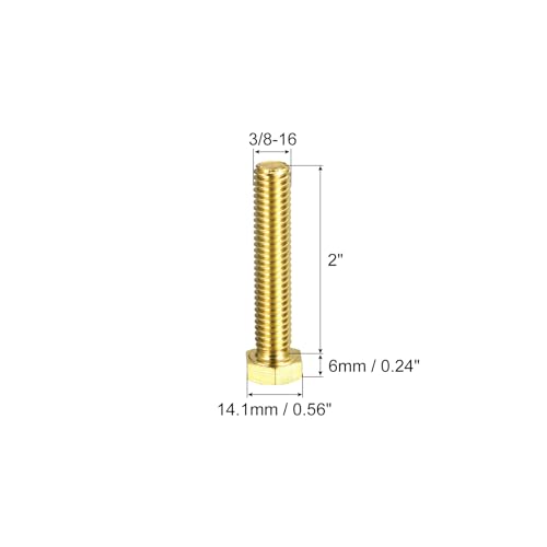 Image of uxcell Brass Hex Bolts, 3 /8-16x2 2pcs Fully Thread Grade 4.8 Solid Brass Hexagon Head Bolt Machine Screws for Machinery