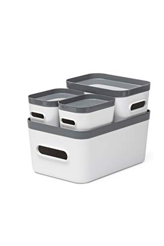 SmartStore Compacte Dozen met Deksel 4-Stuks Set, Witte/Grijs