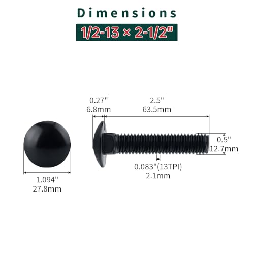 Image of 1 /2-13 x 2-1 /2 inch Black Carriage Bolts with Nuts and Washers Kits (8 Sets), 304 Stainless Steel 18 /8, Black Finish, Round Head, Square Neck, Heavy Duty Bolts, Indoor Outdoor Fastening Bolts, Fayeploo