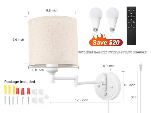 Image of GOODATE Plug in Wall Sconces with Remote Control, Dimming, Adjustable Colors 2700K-6500K, Hardwire or Plug-in, Swing Arm Wall Lamp with Linen Fabric Shade, Wall Sconces Set of Two, White Finish