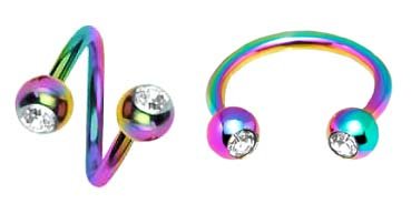 playful piercings 2 pc lot Rainbow Anodized Titanium Twist & Horseshoe Horse Shoe w/cz gem Balls Spiral Ring Lip Tragus Eyebrow Ear Belly Nipple - 16 Gauge, 16g