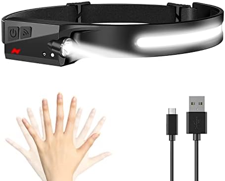 Headlamp Rechargeable, Super Bright 230° Wide Beam LED Headlamp Motion Sensor Headlamp Flashlight , 2 COB 5 Modes Head Lamps Lightweight Waterproof Headlight for Running Camping Hiking Working (Black)