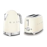 Smeg 50’s Style Retro Range Breakfast Set, 1.7L 3000W Variable Temperature Kettle and Multi-Functional Control 2-Slice 950W Toaster, Cream, KLF04CRUK/ TSF01CRUK