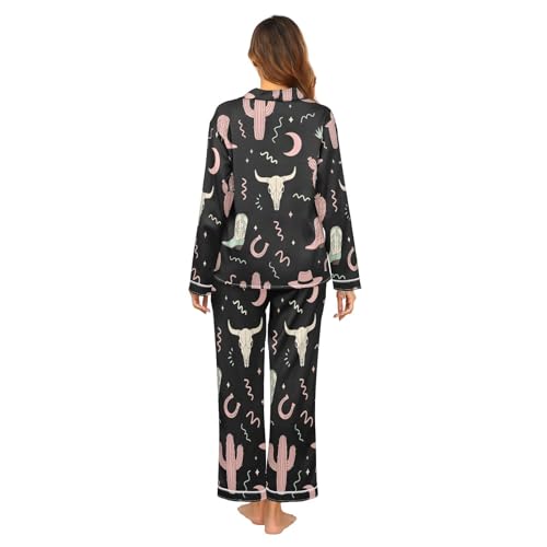 Image of Womens Silk Satin Pajamas Set Western Theme Womens Short Sleeve Shorts Set 2 Piece Sleepwear Lounge Set S-XXL