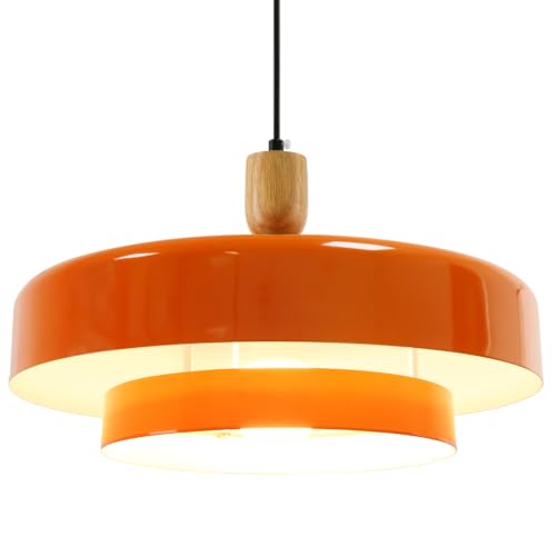 Image of Mid Century Orange Hanging Pendant Light, 2‑Tier Metal Hanging Lamp