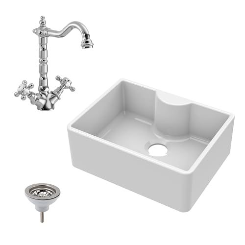 Image of Balterley 595mm Butler Sink Single Bowl with Mono French Classic Crosshead Mixer Tap & Waste, Durable Fireclay Butler White Ceramic Kitchen Sink, Apron Front Single Bowl with Tap Ledge (White/Chrome)