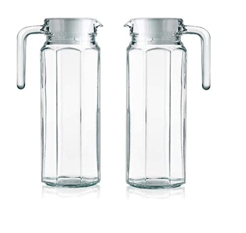 Image of IndusBay Set of 2, 1100 ml Glass Jug Pitcher with Plastic lid Iced Tea Pitcher Water jug hot Cold Water ice Tea, Milk and Juice Beverage Carafes 1.1 LTR Each, Transparent