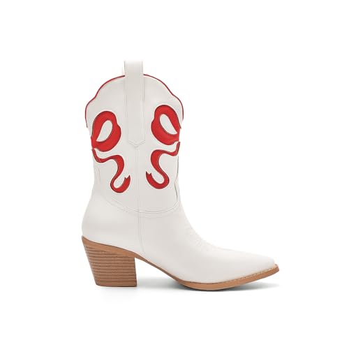 Women's White Cowboy Boots with Colorful Bows Embroidered Cowboy Boots Fashion Almond Pointed Toe Chunky Heel Short Boots