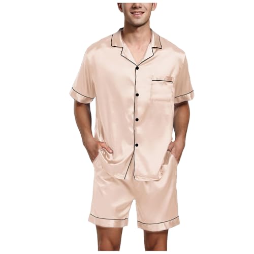 Men's Satin Pajama Set Button Lapel Short Sleeve Shirt Comfy Short Sets Summer Casual Soft Loungewear with Pocket