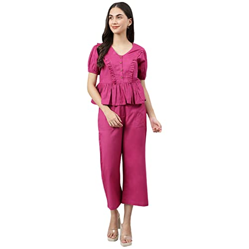 Image of DEEBACO Women's Solid Calf Length Top with Trouser|V-Neck|Short Sleeve|Cord Set for Women Cotton|Jumpsuits Western Dress for Women Stylish|Two Piece Co ord Set|Party Casual Wear(Aqua Blue)