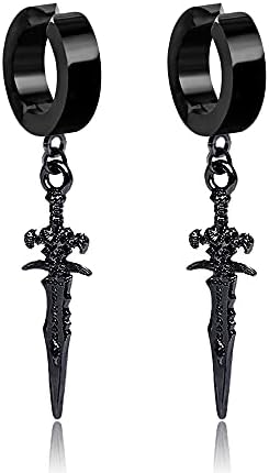 No Piercing Clip On Black Punk Sword Dangle Drop Small Hoop Earrings for Men Women Fake Pierced Kpop Religious Christian Hypoallergenic Stainless Steel Hanging Cool Birthday Bff