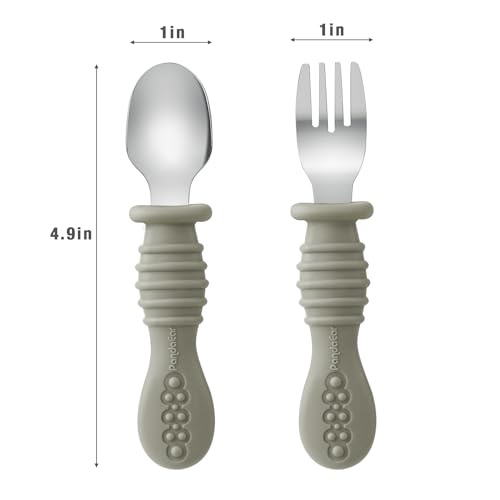 PandaEar Besteckset für Kleinkinder, Gabel und Löffel, Silikon, Edelstahl, Besteck, Löffel, Gabel für Babys, Kinder, BPA-frei, Walnuss, Leinen und Braun, 6 Stück