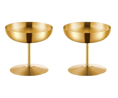 HOTENEAIRE 2pcs Stainless Steel Ice Cream Cup Serving Dessert Bowls Cups Sauce Mini Round Footed Yogurt Snack Candy Cups Cocktail Gold Martini Cocktail Glasses Metal Cup Matte Finish