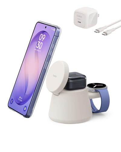 Belkin 3-in-1 Wireless Charging Station for Samsung Galaxy S26 Android - Qi2.2 25W Magnetic Charger for Pixel 10 iPhone 17 USB C Port for Galaxy Pixel & Apple Watch (Watch Charger Not Included)