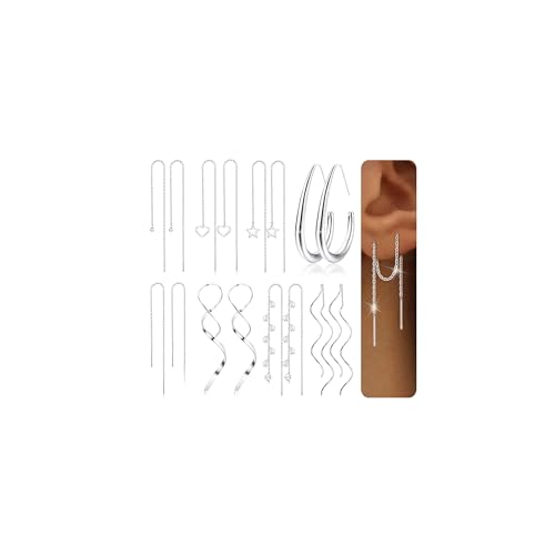 LOLIAS Threader Earrings for Women Gold Silver Plated Dangle Thread Earrings Dainty Spiral Twisted Wave Ball Tassel Chain Earrings Long Surgical Steel Pull Through Earrings for Women Lightweight