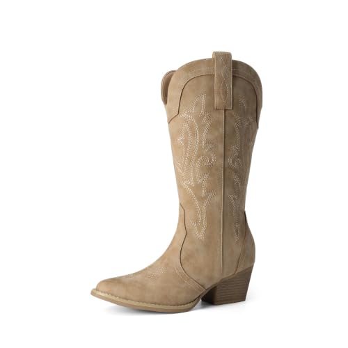 Image of DREAM PAIRS Women's Cowboy Cowgirl Western Boots | Embroidered Pointed Toe Low Heel Mid Calf Boot for Theme Party Country Concert