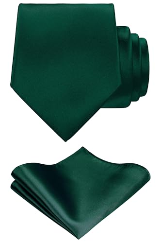 TIE G Solid Satin Woven dyed Color Formal Black Necktie and Pocket Square Sets in Gift Box (Hunter Green)