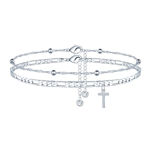 Image of Ursteel Ankle Bracelets for Women, 14K Gold Plated Dainty Layered Chain CZ Initial Anklets Summer Jewelry Gifts for Women