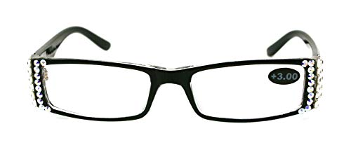 The French, (Bling) Fleur De Lis Women Reading Glasses Adorned With (Clear + Aurora Borealis) Austrian Crystals, Magnifying (Black) Rectangular. Ny Fifth Avenue. (+2.50) #TOP2