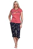 NORMANN-Wäschefabrik Damen Kurzarm Capri Schlafanzug Pyjama mit Schmetterling als Motiv - auch in Übergrössen, Farbe:rot, Größe:56-58