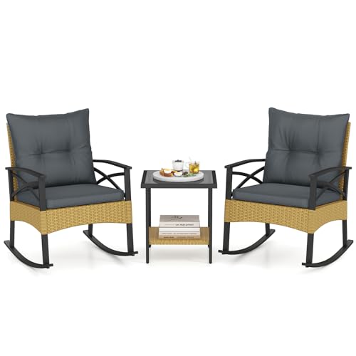 Image of Tangkula 3 Pieces Wicker Outdoor Rocking Chairs Set | Heavy Duty | Cushioned | Rattan Rocker Bistro Set w / 2-Tier Tempered Glass Coffee Table for Garden, Balcony, Backyard