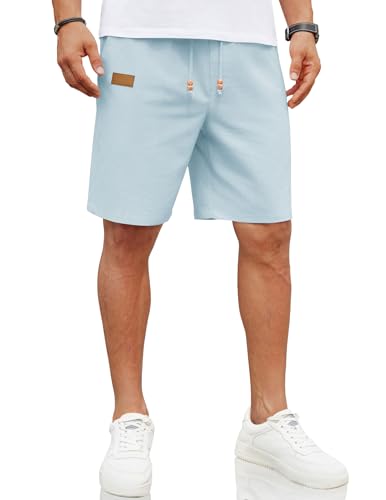 Image of COOFANDY Mens Casual Linen Shorts Elastic Waist Drawstring Loose Fit Summer Beach Vacation Shorts with Pockets