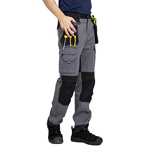 WORK IDEA Men's Work Cargo Trouser with Knee Pads Pocket Combat Holster Pockets Tactical Working Trouser Pants Grey