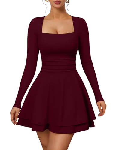 XXTAXN Women’s Sexy Long Sleeve Square Neck Flowy Hem Ruched