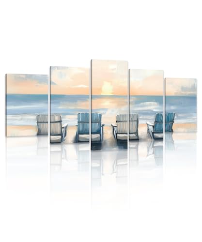5 Piece Beach Canvas Wall Art - Sunset Wooden Chairs