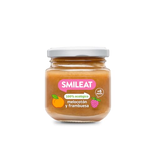 Smileat - Tarrito de Frutas Ecológicas con Melocotón y Frambuesa para peques +6 Meses - Sin Azúcar Añadido, Sin Sal, Sin Leche, Sin Huevos - 130g